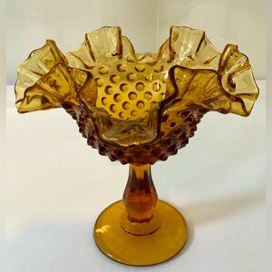 Vintage Fenton Hobnail Compote/Candy Dish Gold Amber Art Glass Footed Vase